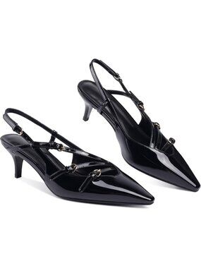 Women's Black Slingback Kitten Pointed Toe Pump Low Stiletto Heel Shoes